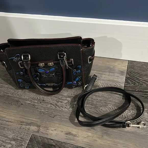 Mini Coach bag, black bag with blue butterflies on the front - Picture 4 of 4